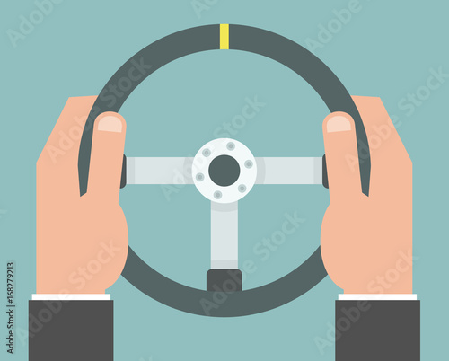 Hands holding steering wheel. Flat design
