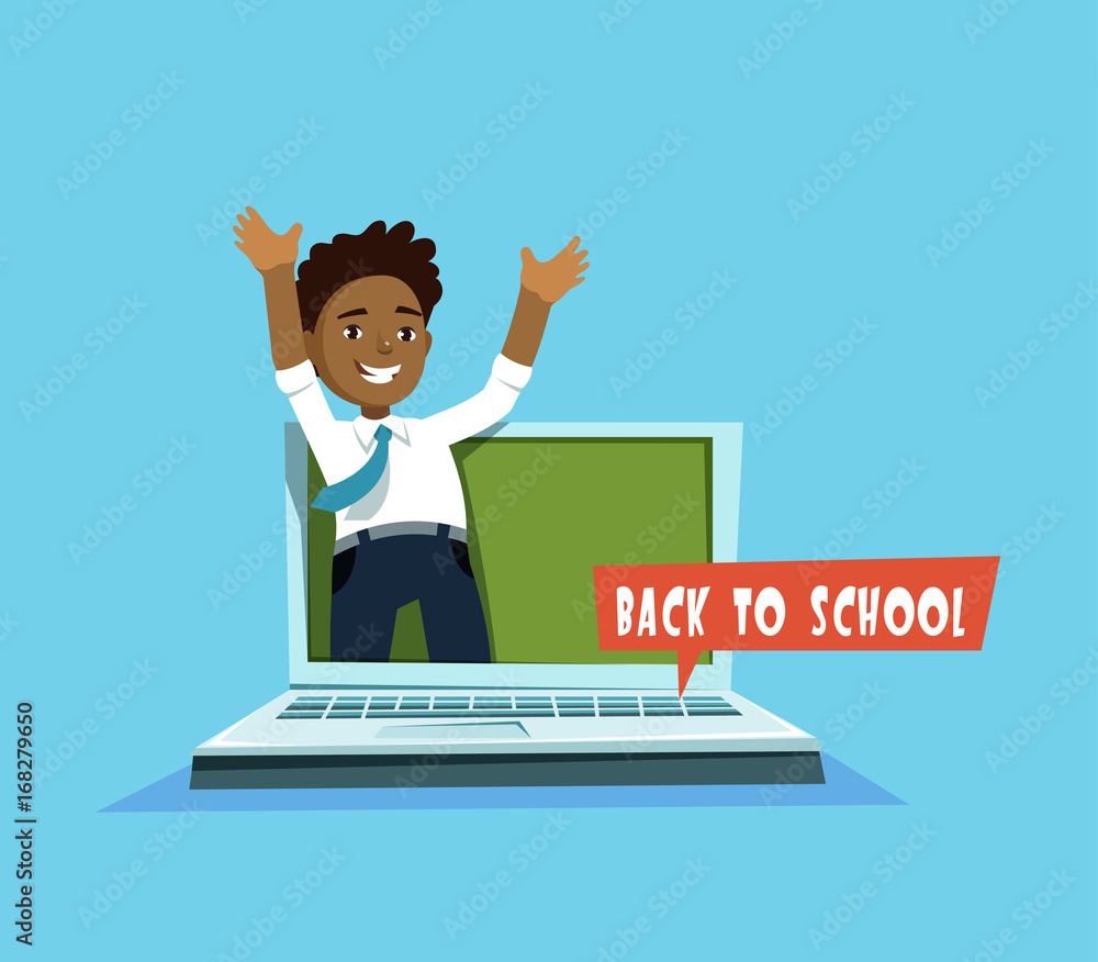 Vector illustration of cute african student and laptop computer with  chalkboard in cartoon style. Design concept postcard back to school Stock  Vector | Adobe Stock