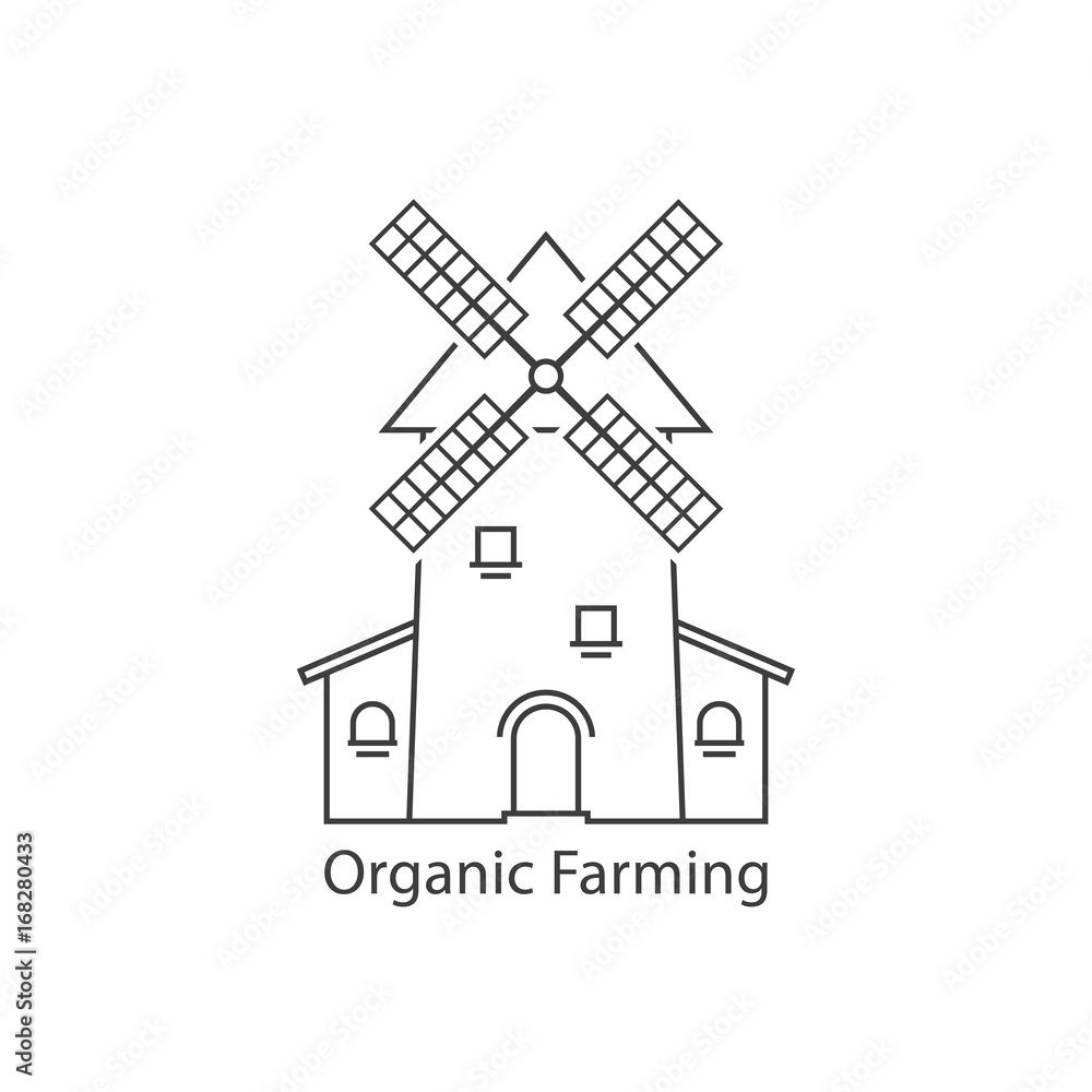 thin line organic farming logo with windmill