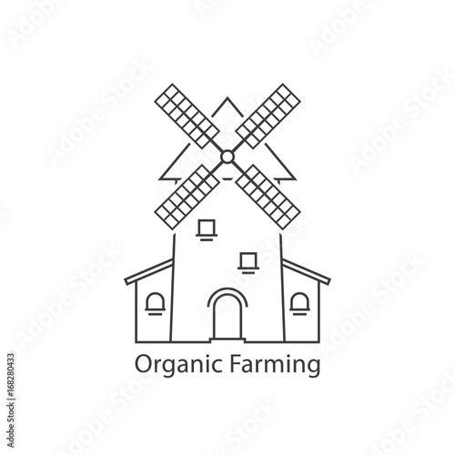thin line organic farming logo with windmill