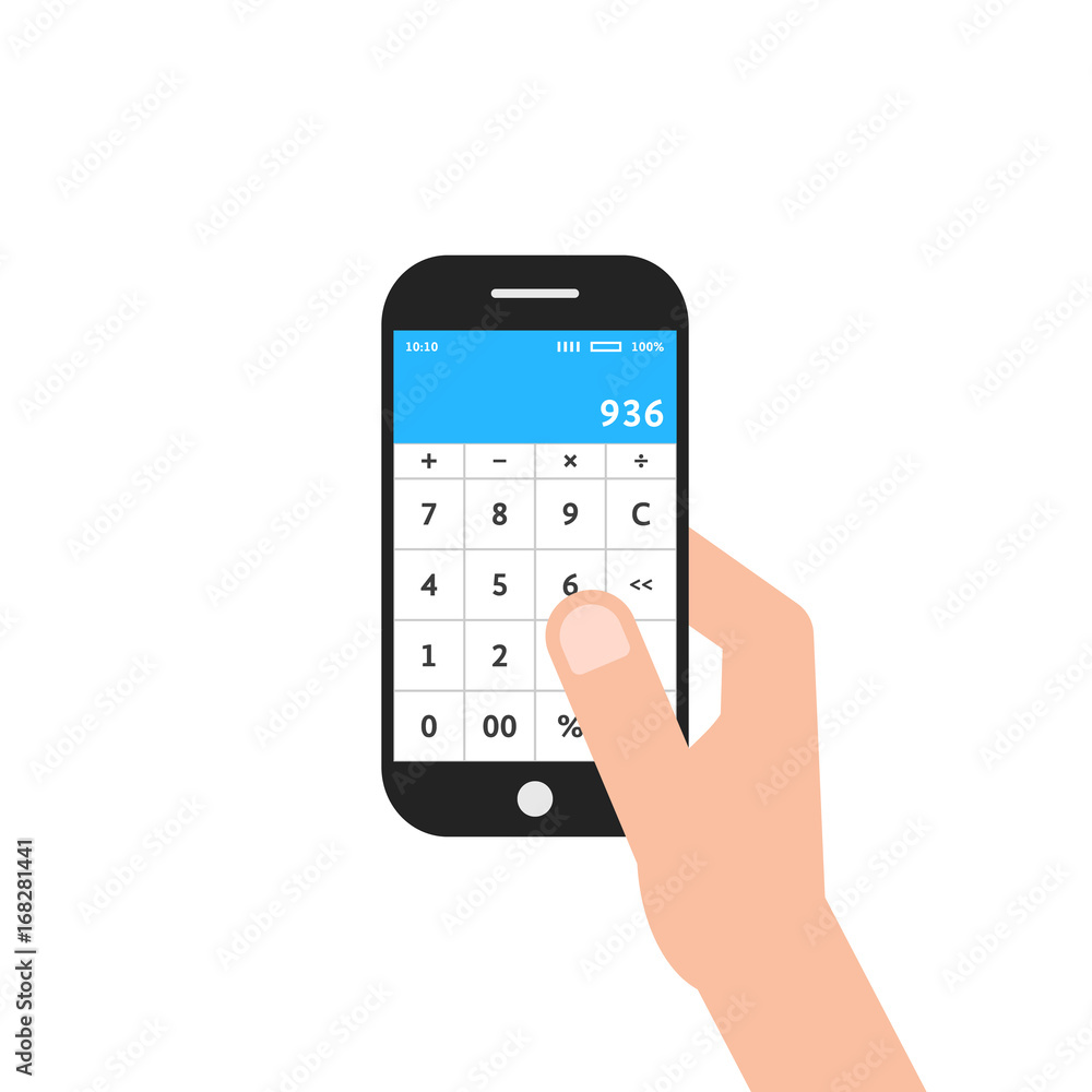 hand holding phone with calculator app hand holding phone with calculator app