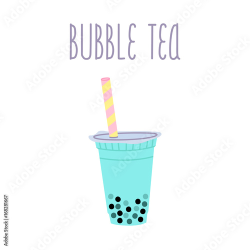 Bubble tea or milkshake with tapioca pearls and text on a white background.  It can be used for card, menu, poster, phone case etc.