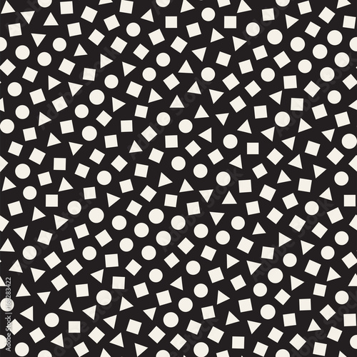 Seamless primitive jumble minimalism patterns. Randomly scattered geometric shapes. Abstract background design