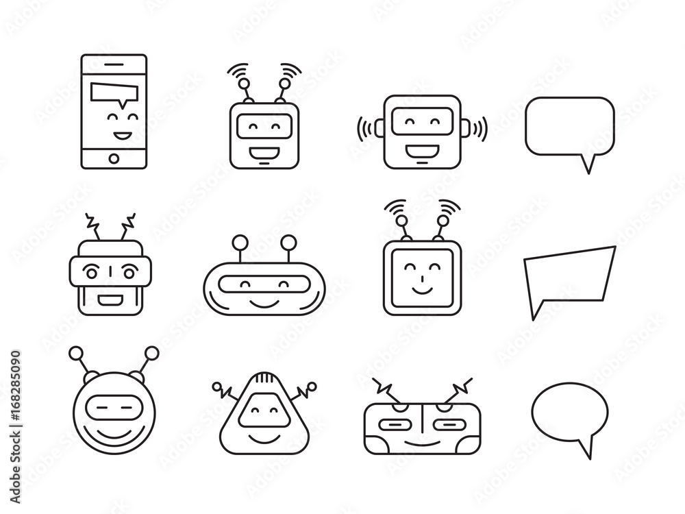Set Chat bot vector icon faces robots in a linear style. Vector Robot Virtual Assistance chatbots and bubbles for text messages. Set Chat bot vector icon faces robots in a linear style. Vector Robot Virtual Assistance chatbots and bubbles for text messages.