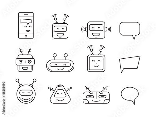 Set Chat bot vector icon faces robots in a linear style. Vector Robot Virtual Assistance chatbots and bubbles for text messages.