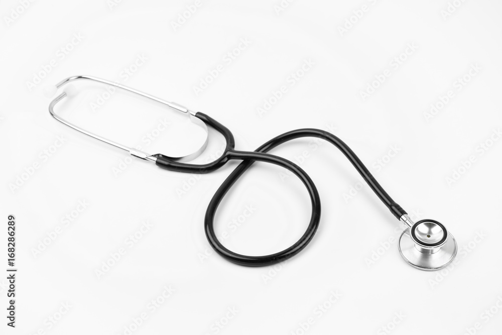 Close up view of black stethoscope on white isolate background Close up view of black stethoscope on white isolate background