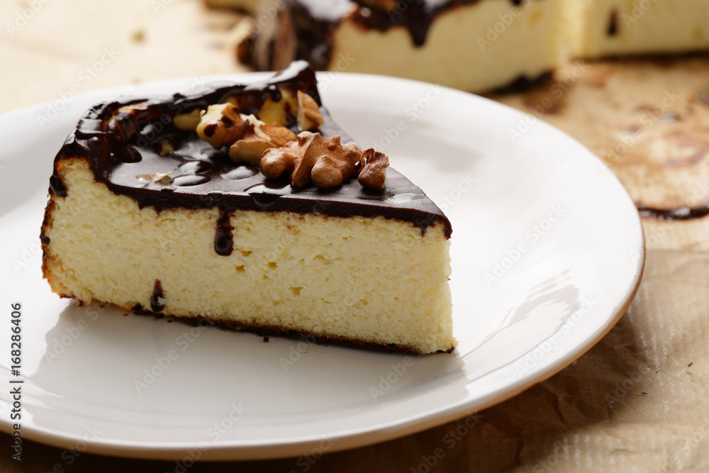 Slice of Chocolate cheesecake on plate Slice of Chocolate cheesecake on plate