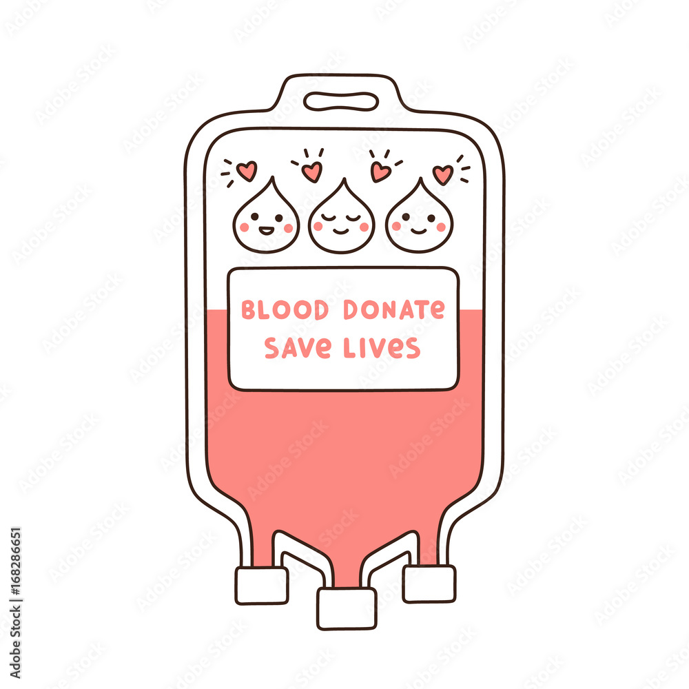 Naklejka premium Dropper with blood and cartoon red drops with smile and hearts. Blood donate, save lives.
