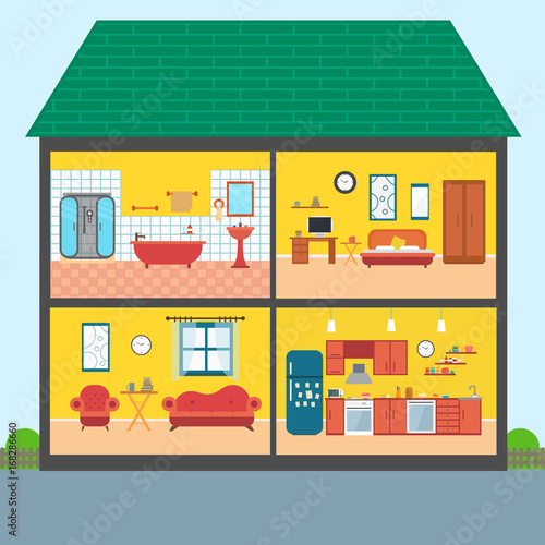 Set of vector interiors with furniture and equipment. Design a living room, kitchen, bathroom, bedroom. Flat style interior, House shape concept.