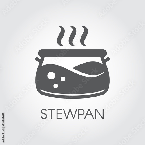 Stewpan black flat icon. Pot or cooking pan pictogram. Сookery, gastronomy, cuisine concept. Vector illustration on a gray background