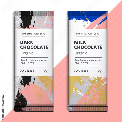 Organic dark and milk chocolate bar design. Luxury abstract choco packaging vector mockup. Trendy creative product branding template with label and pattern.