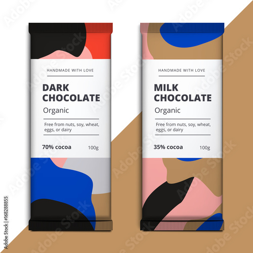 Organic dark and milk chocolate bar design. Luxury abstract choco packaging vector mockup. Trendy creative product branding template with label and pattern.