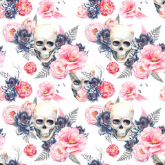 Sierkussen Doodshoofd met bloemen patronen Aquarel schedel met pioenrozen patroon  © ldinka