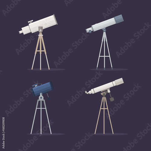 Set telescopes on support to observe stars. Astronomy. Vector illustration.