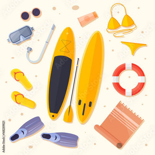 Set of items for holiday by sea: surfboard, flippers, swimsuit, mask for diving, mat, lifebuoy, flip flops. Vector illustration.