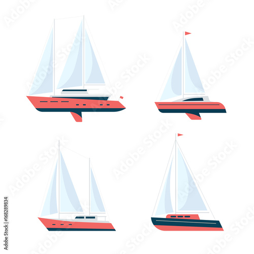 Set of yachts and sailboats isolated on light background. Sailing. Summer vacation at sea. Active lifestyle. Side view. Flat style.