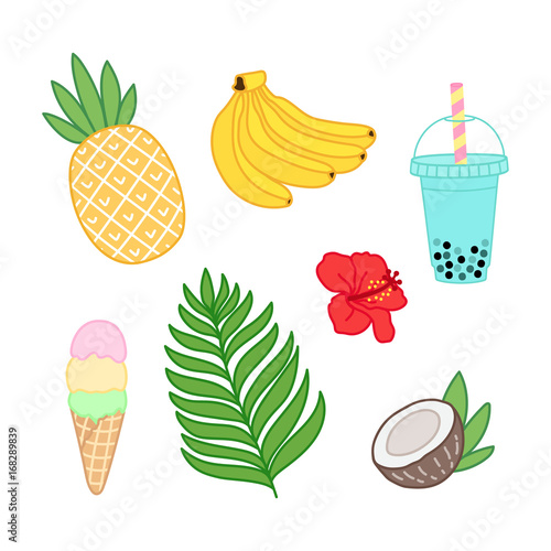 Summer tropical set with banana, pineapple, palm leaves, coconut, flower of Hawaii, smoothies or bubble tea, ice cream on a white background.