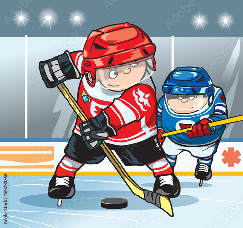 Two hockey players on the hockey field. Cartoon vector illustration