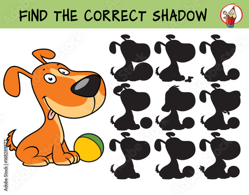 Funny little dog with a ball. Find the correct shadow. Educational matching game for children. Cartoon vector illustration photo