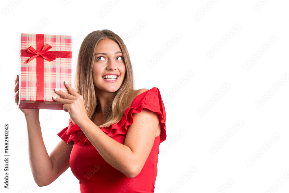 Young smiling model hold gift box. Young smiling model hold gift box.