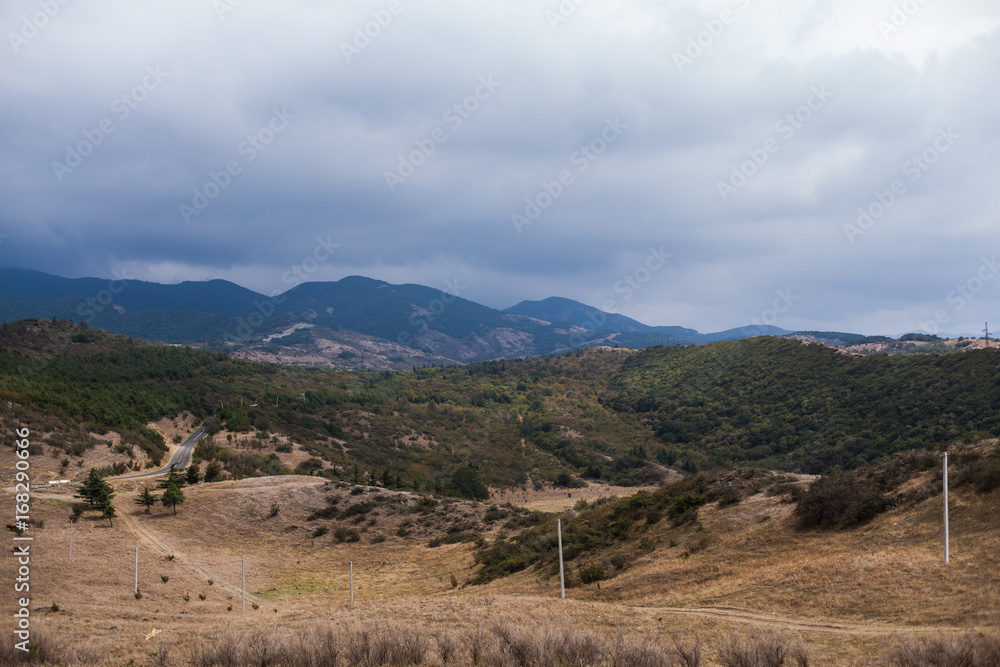 Green mountain covered with forest on the blue sky background. Panorama