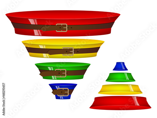 Colored volumetric sales funnel. Four steps. Belt tightening
