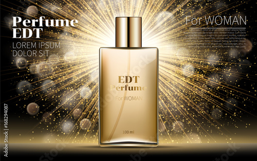 Realistic Gold Woman parfume bottle mockup on dazzling background. Golden bokeh. Contained in Square Glass Mock up. Excellent Advertising. Cosmetic Design Product. 3D Vector Illustration