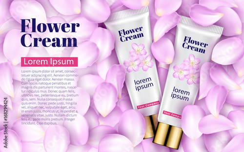 Pink Cream tube on Soft Background with Pink Petals Flowers. Excellent Advertising, Gentle Creams. Cosmetic Package Design Sale or Promotion New Product. 3D Vector Illustration