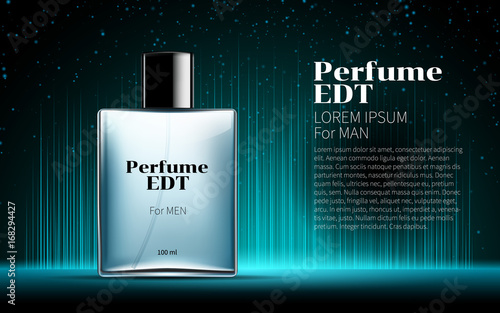 Classic Men's Perfume Contained in a Square Glass Blue Bottle Poster Ads Mock up Shine Glowing Line Black Background. Excellent Advertising. Cosmetic Package Design Product. 3D Vector Illustration