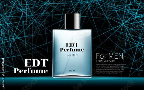 Classic Men's Perfume Contained in a Square Glass Blue Bottle Poster Premium Ads Mock up Glowing Line Black Background. Excellent Advertising. Cosmetic Package Design Product. 3D Vector Illustration