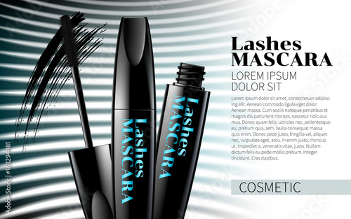 Black Mascara Smear of Carcass on Soft white line Background. Excellent Advertising. Cosmetic Package Design Sale Promotion New Product. 3D Vector Illustration