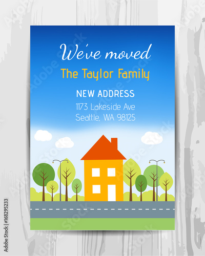 Welcome party invitation card. New home party flyer.