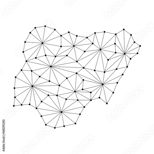 Nigeria map of polygonal mosaic lines network  rays and dots vector illustration.