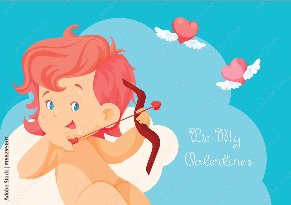 Cupid hunting with archey bow flying hearts. Cupid hunting with archey bow flying hearts.