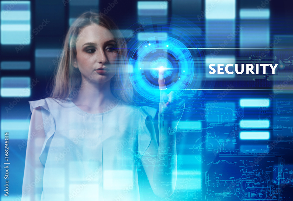 The concept of business, technology, the Internet and the network. A young entrepreneur working on a virtual screen of the future and sees the inscription: Security The concept of business, technology, the Internet and the network. A young entrepreneur working on a virtual screen of the future and sees the inscription: Security