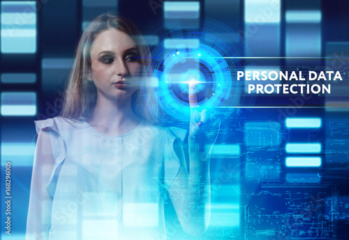 The concept of business, technology, the Internet and the network. A young entrepreneur working on a virtual screen of the future and sees the inscription: Personal data protection