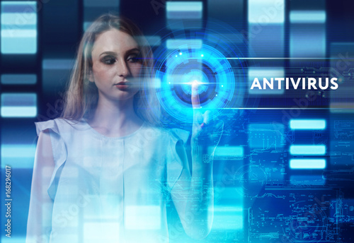 The concept of business, technology, the Internet and the network. A young entrepreneur working on a virtual screen of the future and sees the inscription: Antivirus