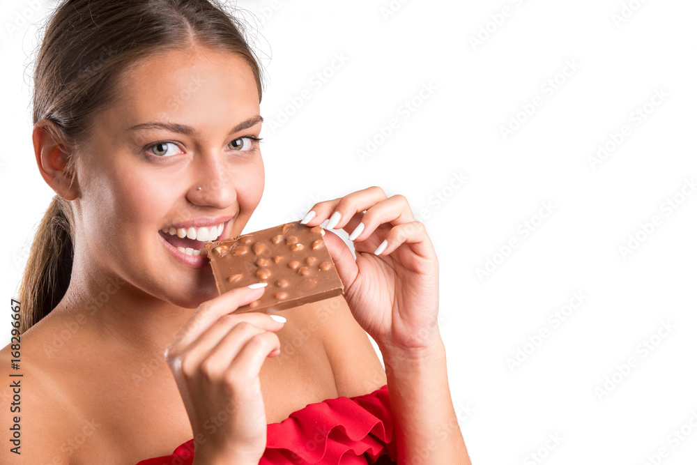 Beautiful woman holding chocolate bar Beautiful woman holding chocolate bar