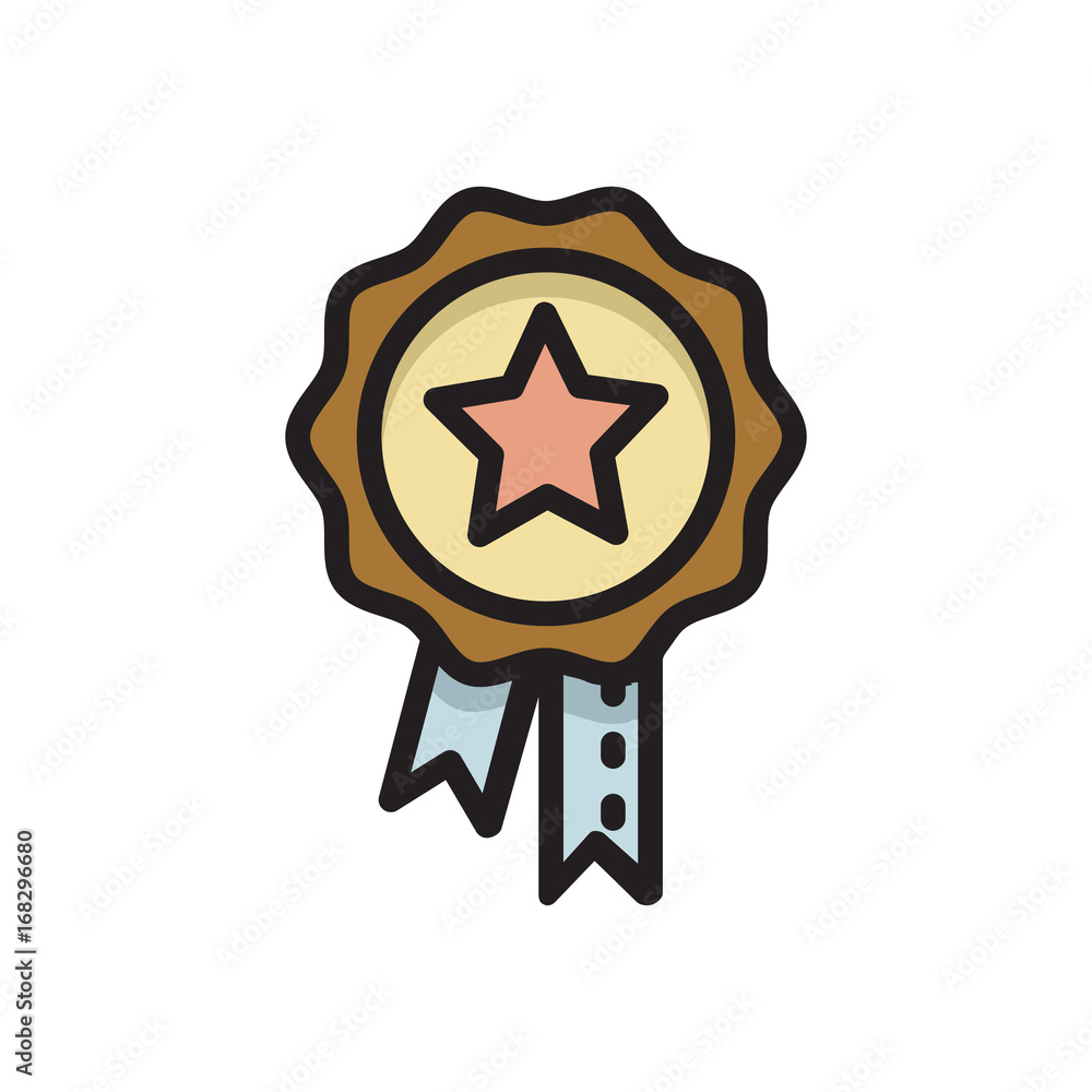 Badge, medal, awars with star and ribbons, thin line flat style icon, vector illustration isolated on white background. Flat style icon - achievement award, badge with ribbons Badge, medal, awars with star and ribbons, thin line flat style icon, vector illustration isolated on white background. Flat style icon - achievement award, badge with ribbons