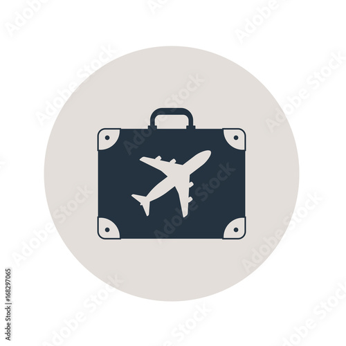 Icono plano maleta con avion en circulo gris