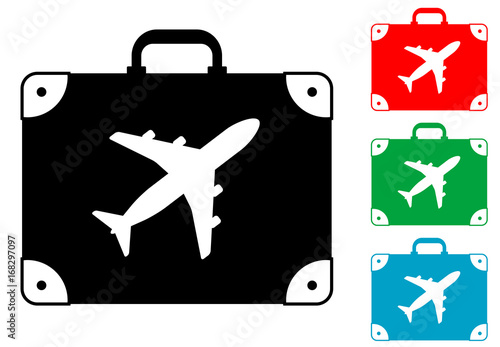 Icono plano maleta con avion varios colores