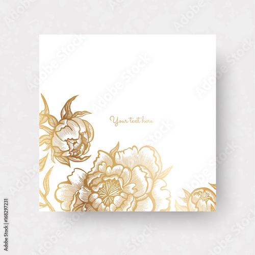 Gold flowers and leaves of peonies. Vector elements for design template. Ornate decor for invitations, wedding greeting cards, certificate, labels.