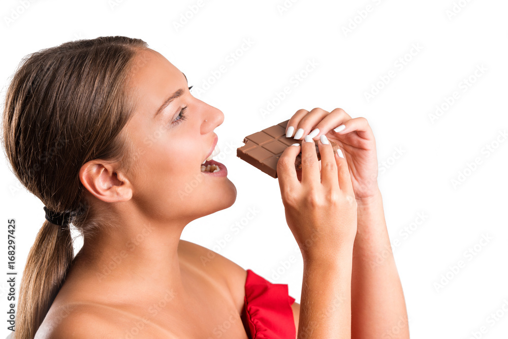 Beautiful woman holding chocolate bar Beautiful woman holding chocolate bar