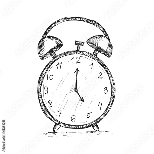 Vector sketch drawing clock. Illustration of the alarm clock