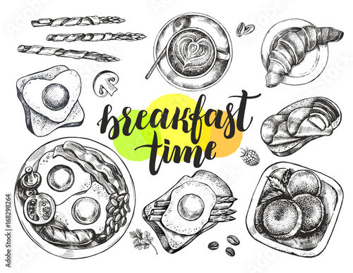 Breakfast set. English fried eggs, coffee, toast, croissant, asparagus wrapped in ham, Cottage cheese pancakes. Food elements top view collection. Vector ink hand drawn illustration.