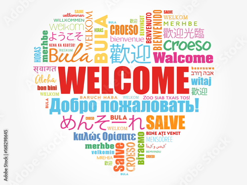 WELCOME love heart word cloud in different languages, conceptual background