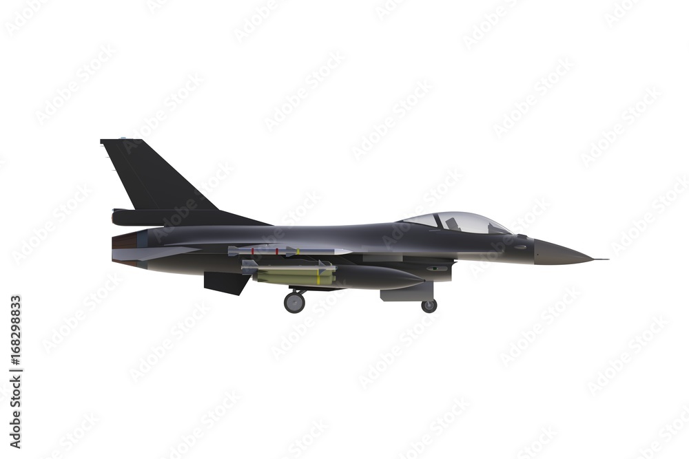 Beside view of F16, american military fighter plane on white background, 3D rendering Beside view of F16, american military fighter plane on white background, 3D rendering