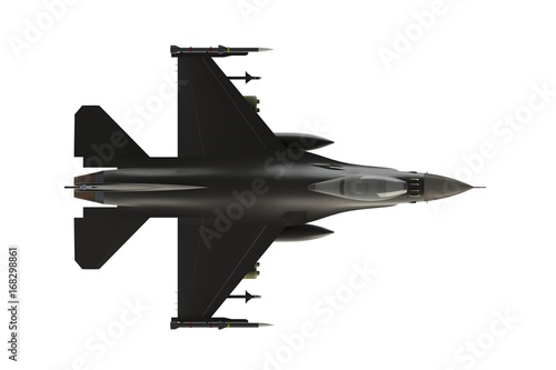 Top view of F16, american military fighter plane on white background, 3D rendering