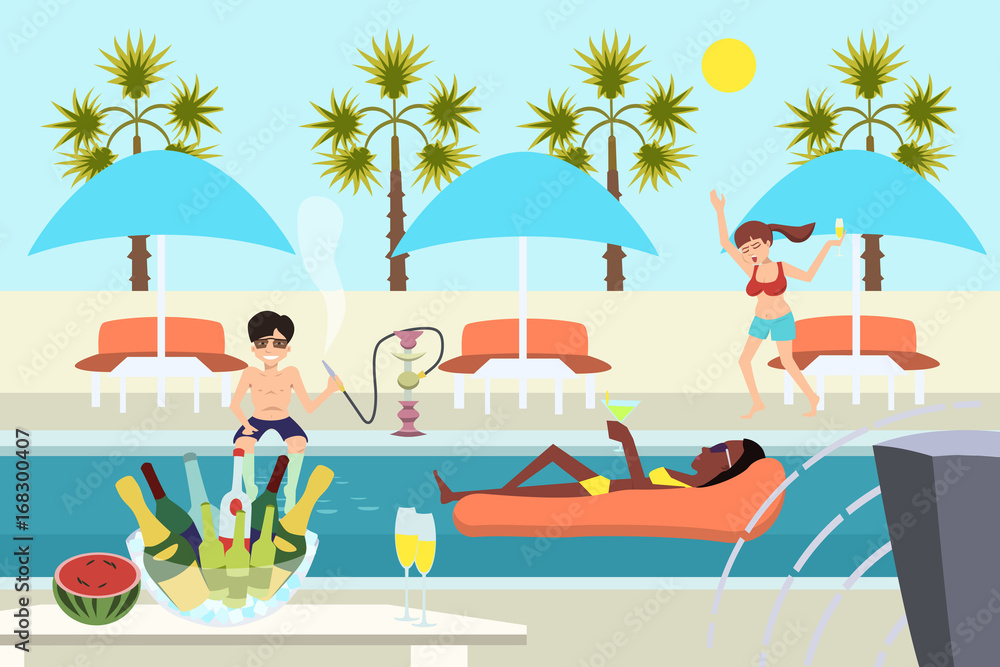young people at pool party vector cartoon