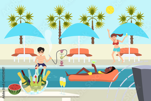 young people at pool party vector cartoon